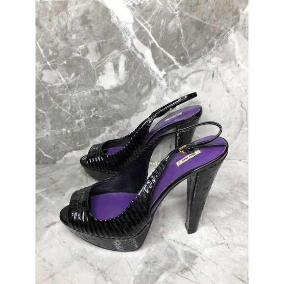 MIU MIU Black Patent Leather Peep Ankle Strap Platform Stiletto Heels Women 38.5 - Picture 9 of 16